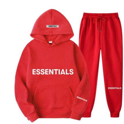 Essentials Hoodie and Sweatpants Set With White Text - Red Tracksuit